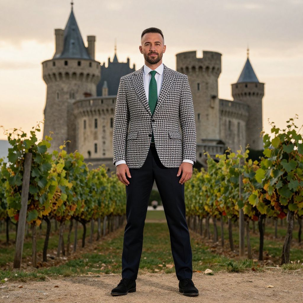 Man in Stylish Blazer Stands in Vineyard with Medieval Castle Background