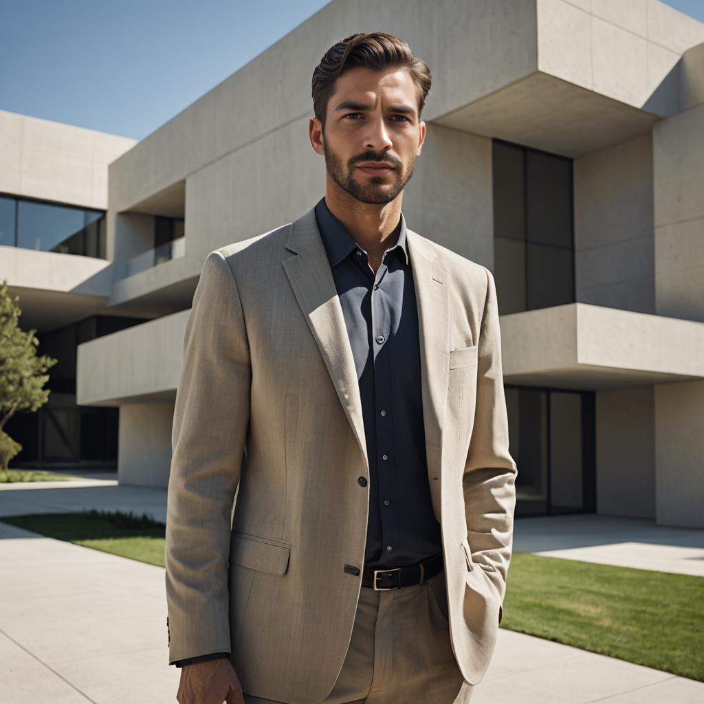 Confident Man in Gray Suit Outside Modern Building