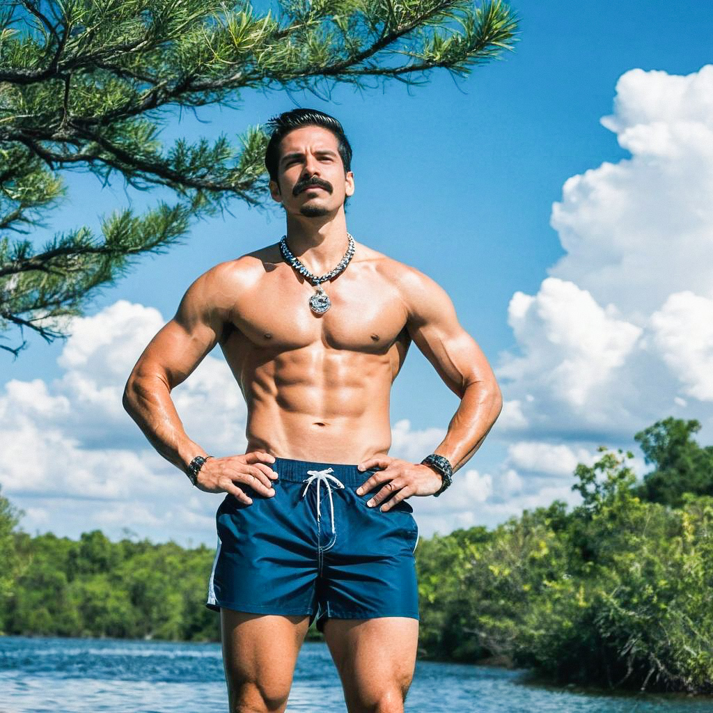 Confident Shirtless Man by Riverbank