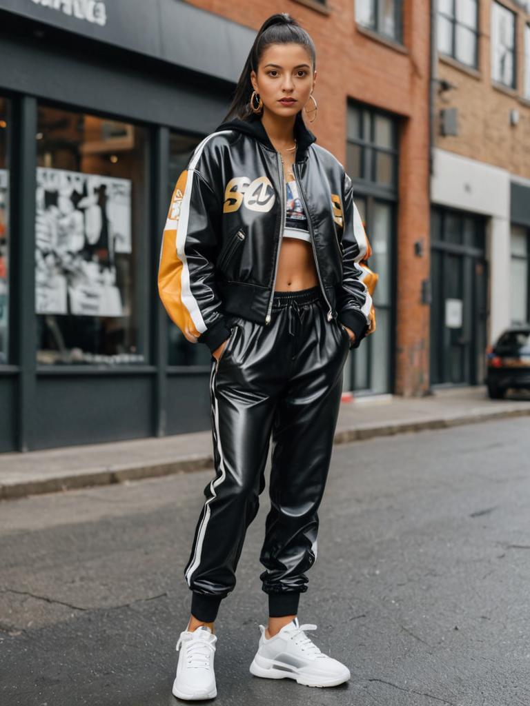 Stylish Woman in Black and Yellow Streetwear