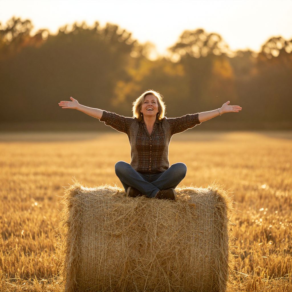 Joyful Woman Sitting on Hay Bale in Golden Sunset Field