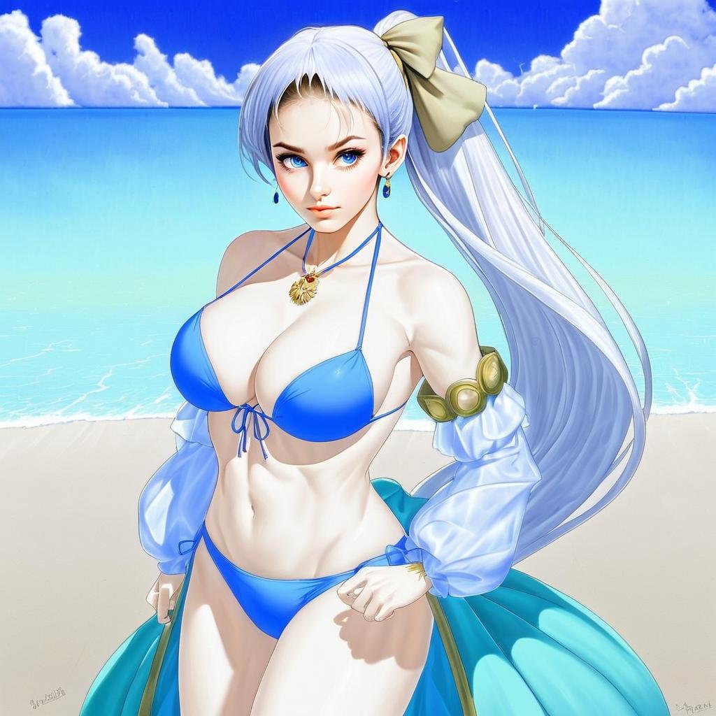 Anastasia in Blue Swimsuit Anime Illustration at the Beach