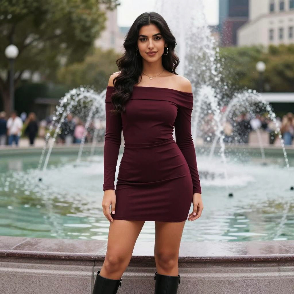 Young Woman in Maroon Off-Shoulder Dress Posing by City Fountain