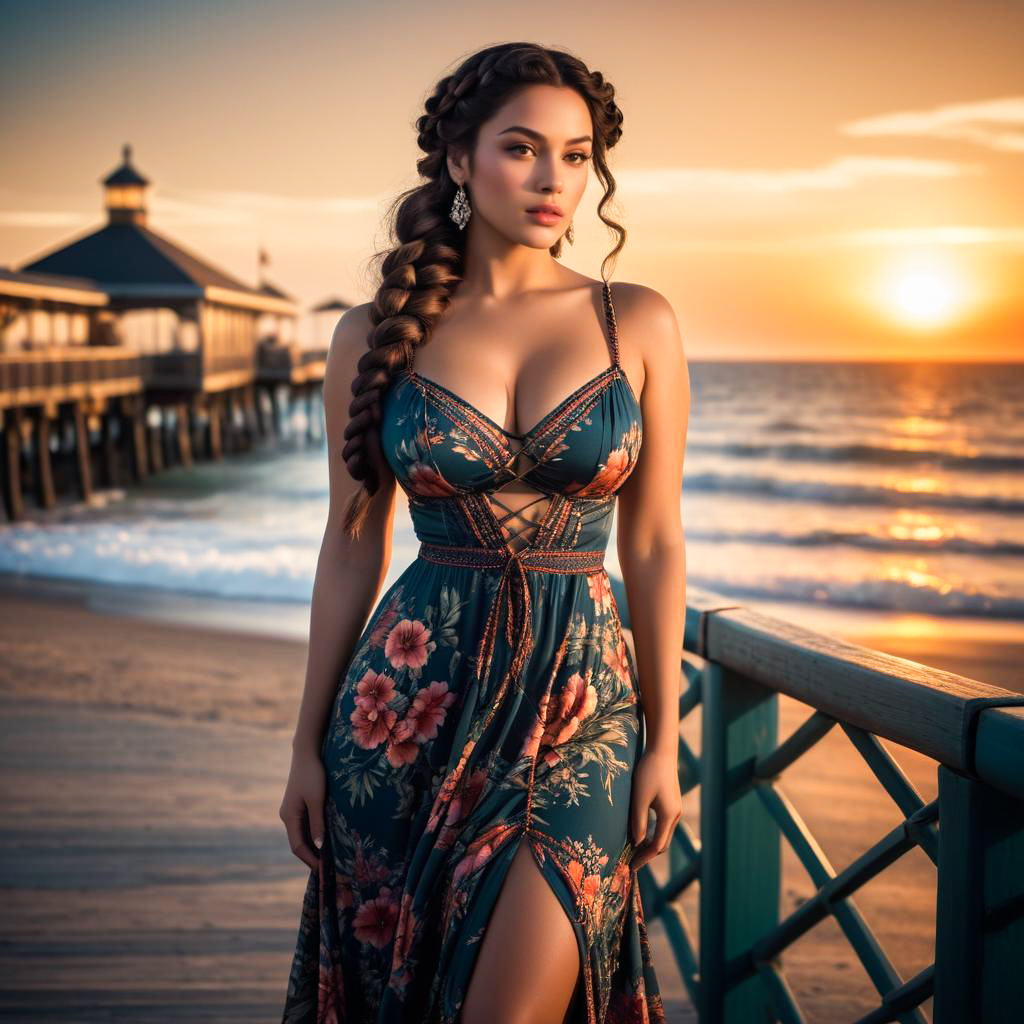 Woman in Floral Dress on Pier at Sunset