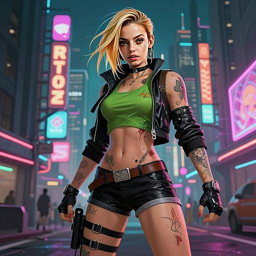 Cyberpunk Woman in Neon City Street Digital Art
