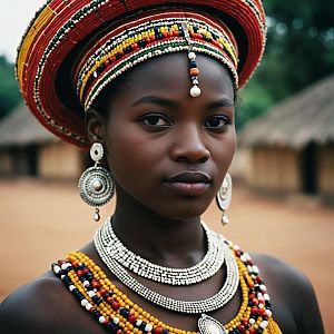 Malian Woman in Traditional Costume with Jewelry and Beaded Headdress