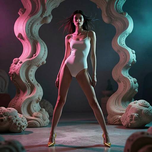 Woman in White Bodysuit Standing Among Surreal Sculptures with Dramatic Lighting