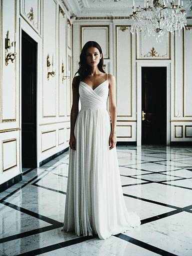 Elegant Woman in Luxurious White Dress Standing in Grand Room