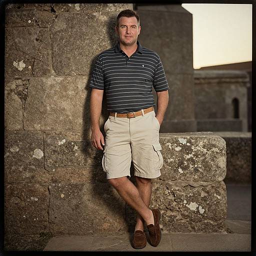 Man Leaning Against Historic Stone Wall Wearing Casual Summer Outfit