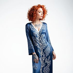 Portrait of a Woman with Red Curly Hair in Blue Floral Garment