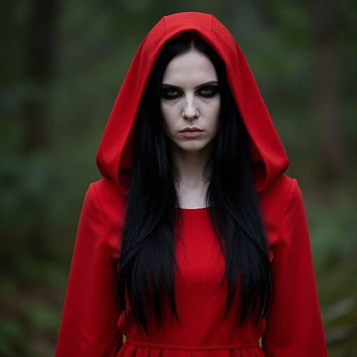 Gothic Woman in Red Hooded Cloak in Forest