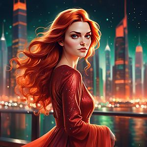 Woman with Red Hair and Blue Eyes in City Skyline at Dusk