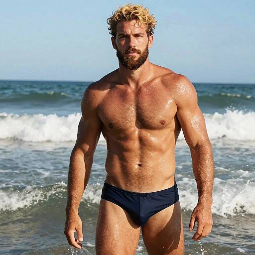 Fit Man in Navy Swim Briefs Standing on Beach by Ocean Waves