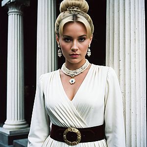 Sophisticated Woman in Vintage White Dress with Pearl Jewelry