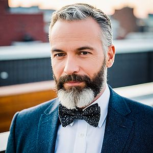 Confident Man in Navy Suit with Bow Tie