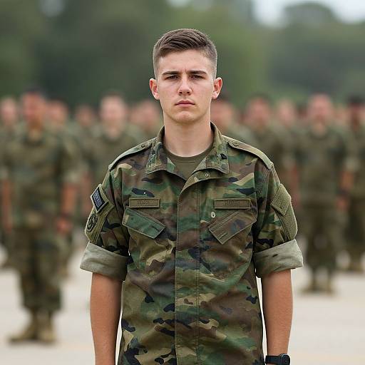 Portrait of Young Male Soldier in Camouflage Uniform Standing with Military Group