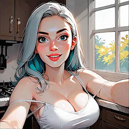 Digital Art of Woman With Silver Hair Taking Selfie in Kitchen