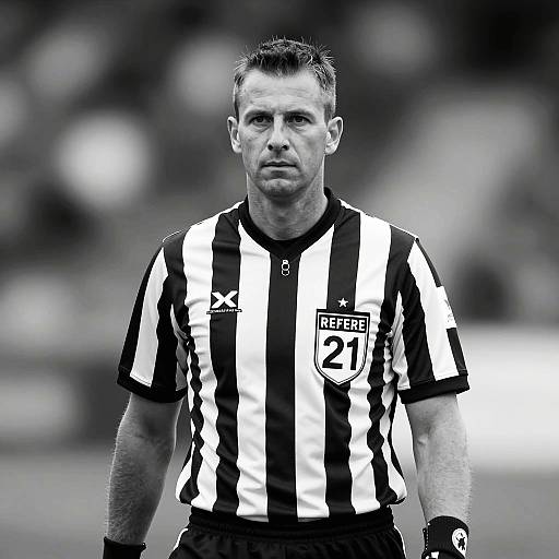 Male Referee in Black and White Striped Uniform with Referee 21 Badge