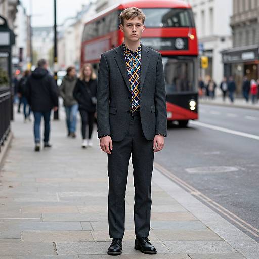 Young Man in Grey Suit Standing on London Street with Red Double-Decker Bus