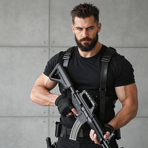 Tactical Man Holding Assault Rifle in Black Gear