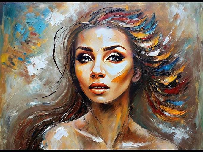 Colorful Impressionistic Portrait of a Woman with Flowing Hair