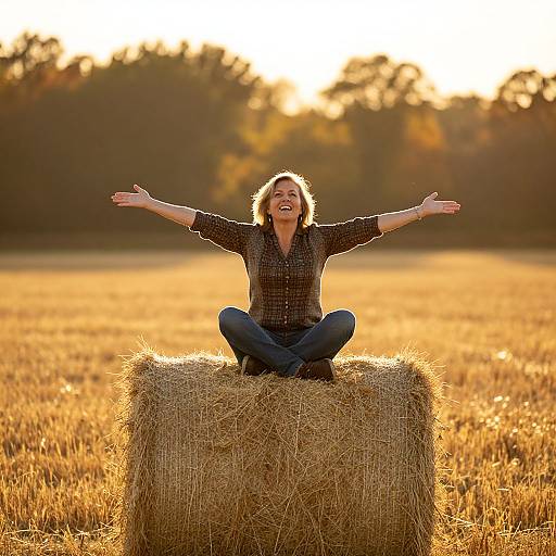 Joyful Woman Sitting on Hay Bale in Golden Sunset Field