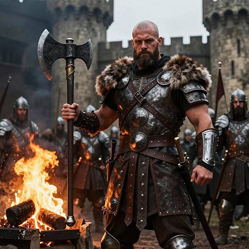Medieval Viking Warrior in Armor Holding Battle Axe by Castle Fire