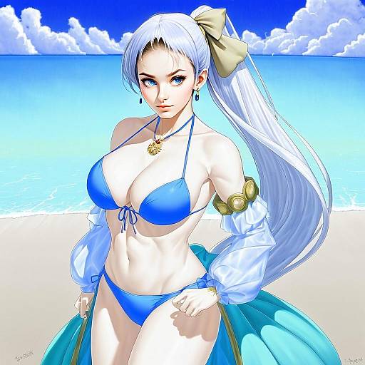 Anastasia in Blue Swimsuit Anime Illustration at the Beach
