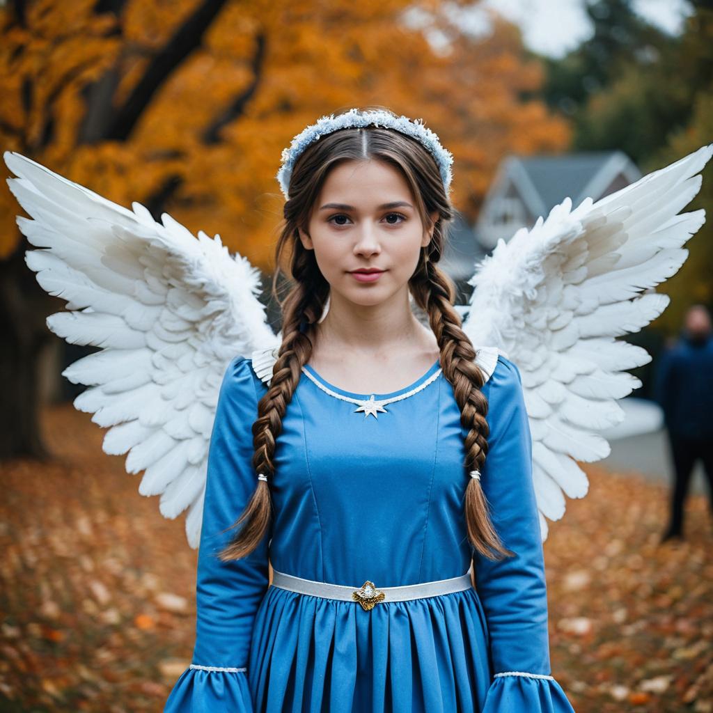 Young Woman in Blue Angel Costume with Wings in Autumn