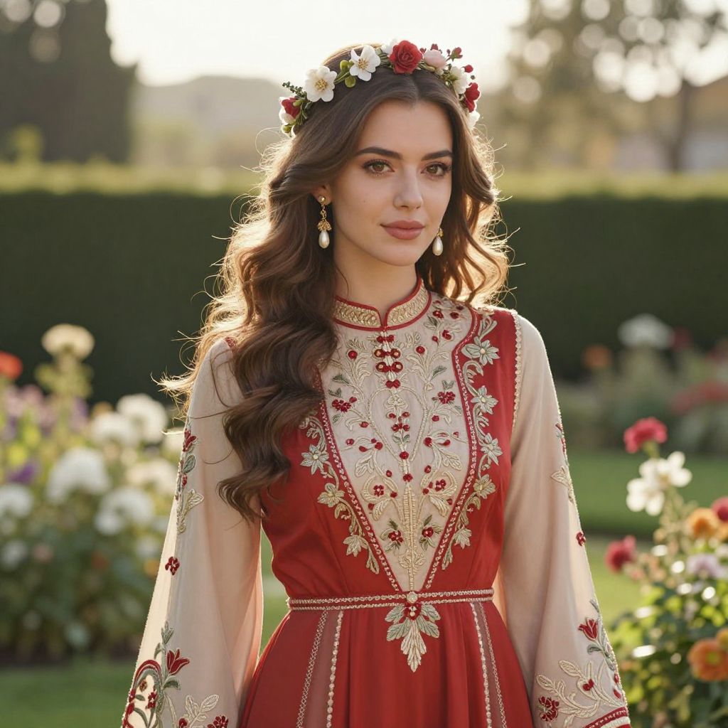 Young Woman in Embroidered Traditional Dress with Floral Crown in Garden