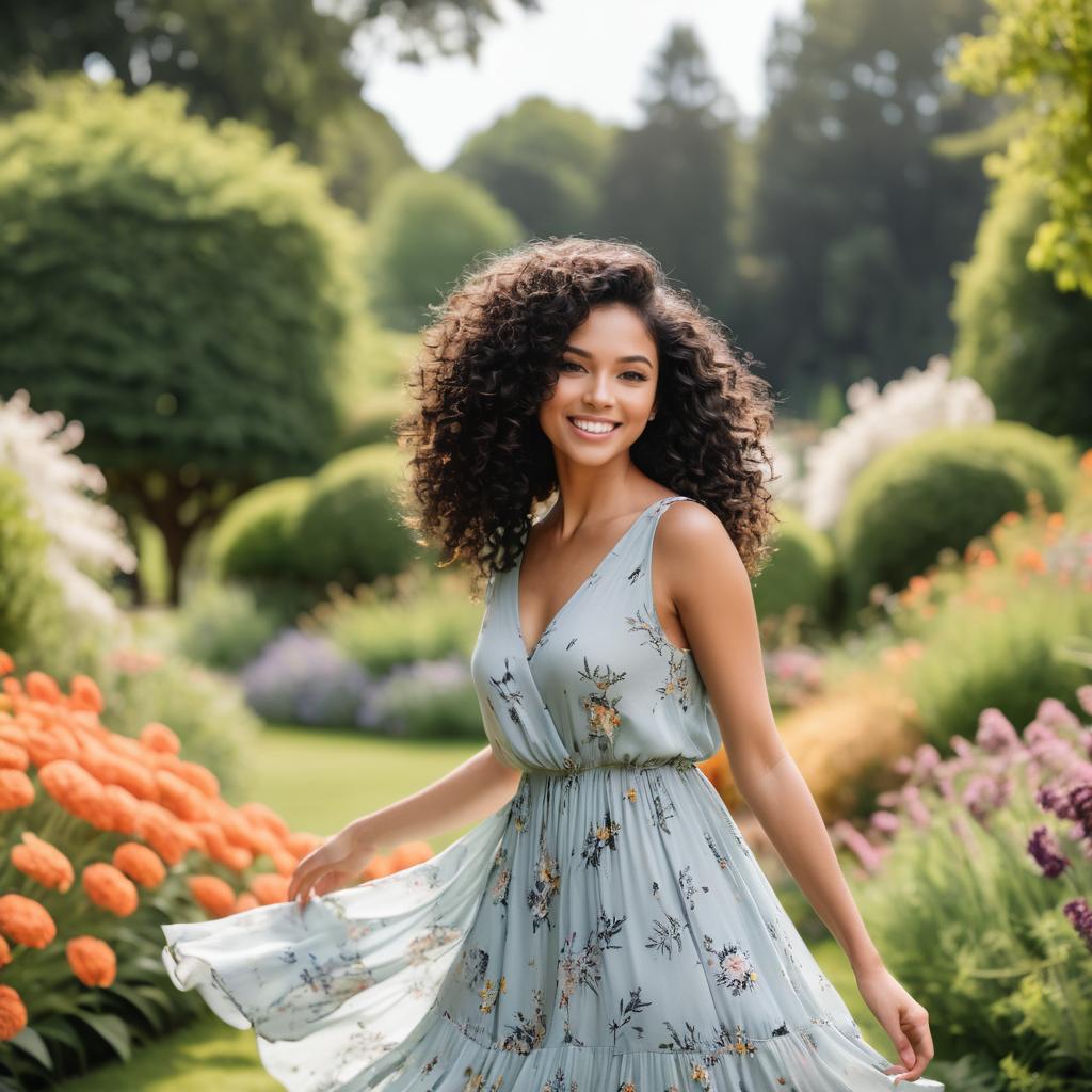 Cheerful Woman in Floral Dress in Garden Cheerful Woman in Floral Dress in Garden