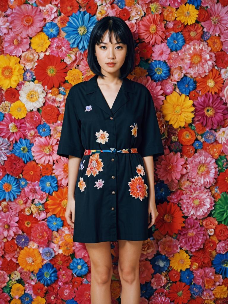 Stylish Woman in Black Dress with Floral Background