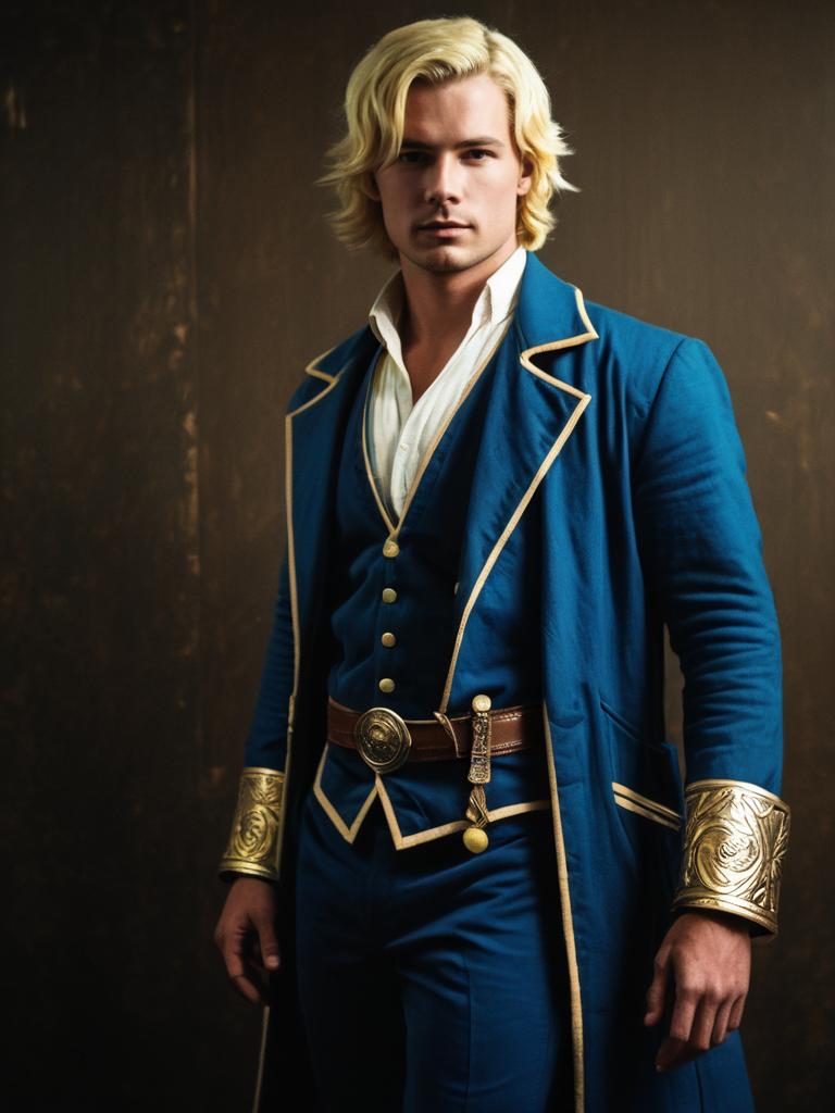 Man in Blue and Gold Cole MacGrath Cosplay Costume Realistic Photo