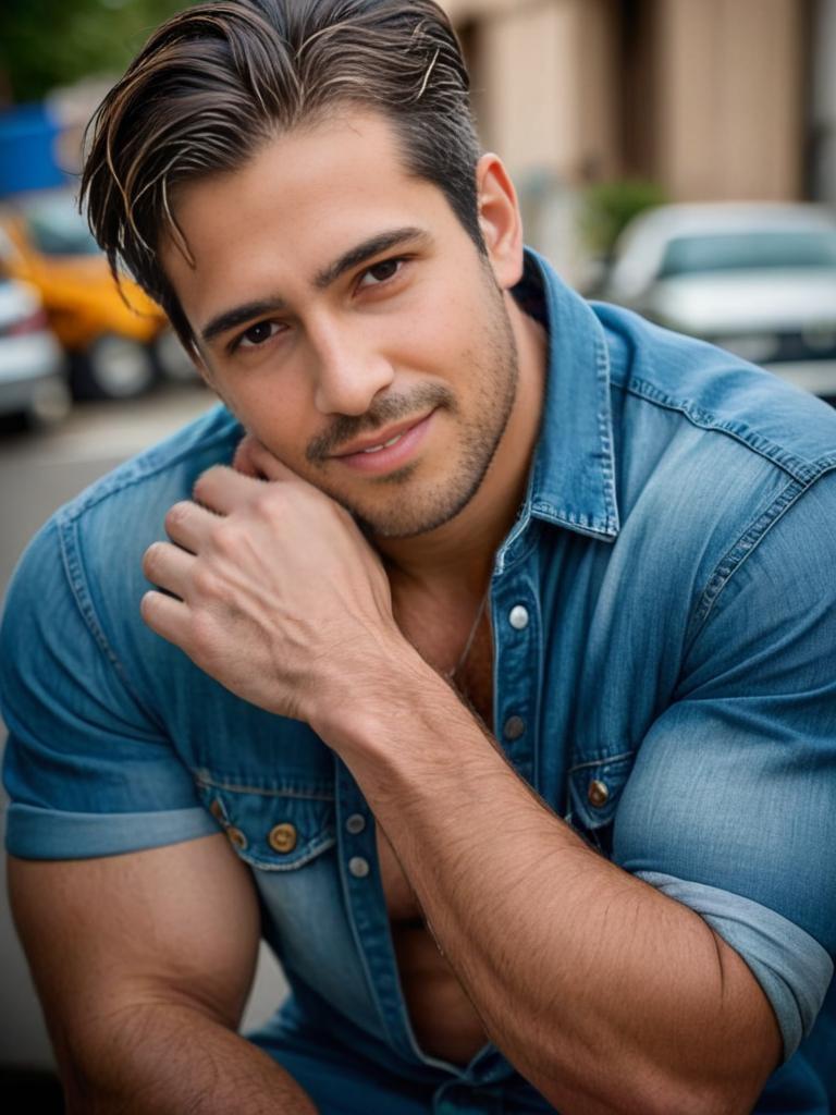 Confident Young Man in Denim Shirt Outdoors