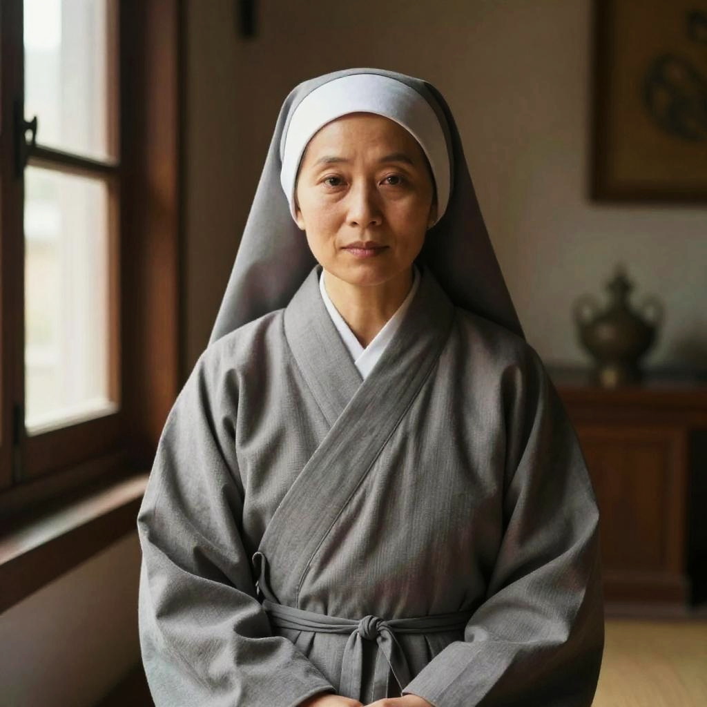 Asian Woman in Traditional Monastic Robes Near Window
