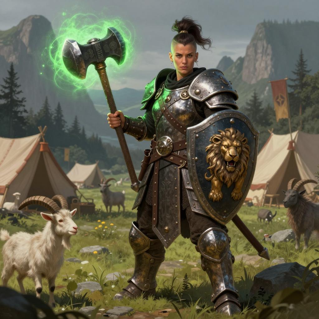 Fantasy Woman Warrior with Glowing Battle Axe and Lion Shield in Medieval Camp