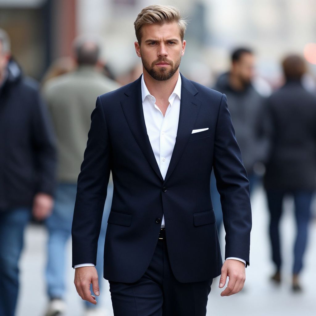 Confident Man Wearing Navy Blue Suit on Busy Urban Street