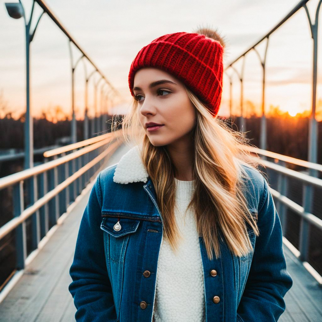 Young Woman in Red Beanie on Bridge at Sunset