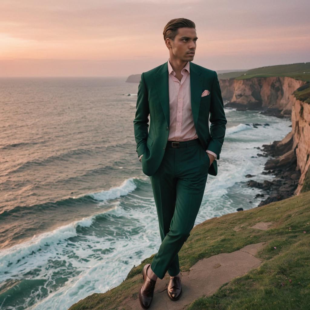 Stylish Man in Green Suit Against Coastal Backdrop