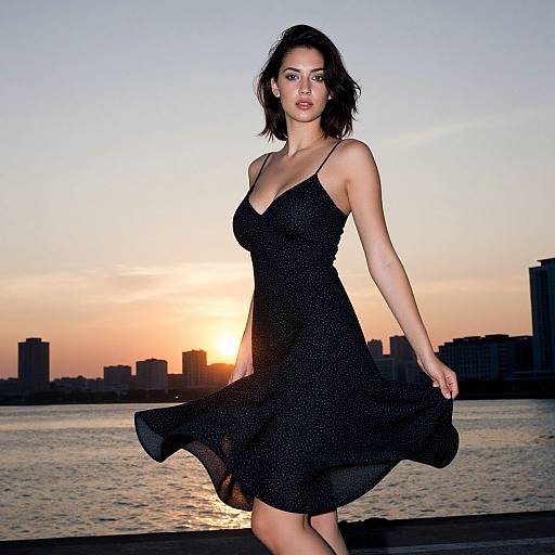 Woman in Black Dress by Waterfront at Sunset with City Skyline