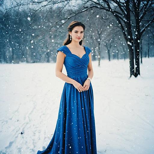 Winter Formal Look Woman in Blue Dress Standing in Snow