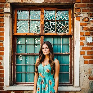 Young Woman in Turquoise Dress by Rustic Brick Wall