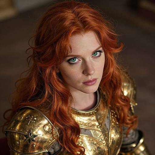 Portrait of Red-Haired Woman in Golden Medieval Armor