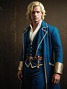 Man in Blue and Gold Cole MacGrath Cosplay Costume Realistic Photo