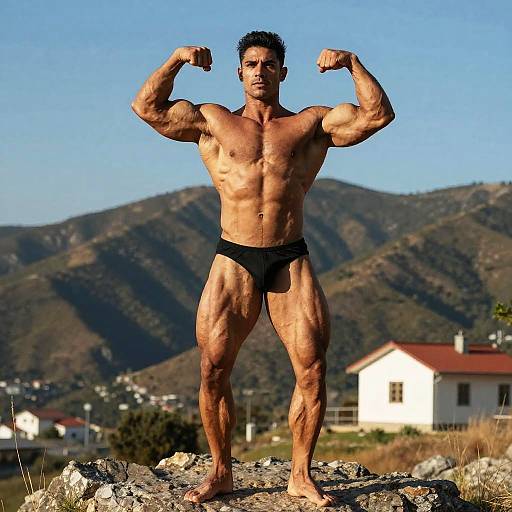 Muscular Man Flexing Outdoors with Mountain Background
