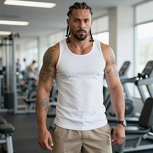 Muscular Man in White Tank Top Standing in Modern Gym