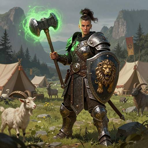 Fantasy Woman Warrior with Glowing Battle Axe and Lion Shield in Medieval Camp