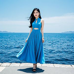 Woman in Blue Dress by the Ocean