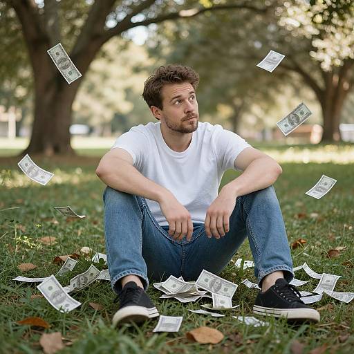Young Man Sitting on Grass Surrounded by Falling Money Outdoors