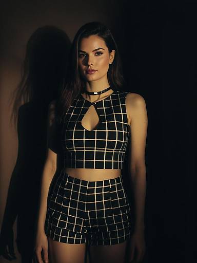 Woman in Trendy Black Sleeveless Crop Top with Keyhole Neckline and Matching Grid Pattern Shorts
